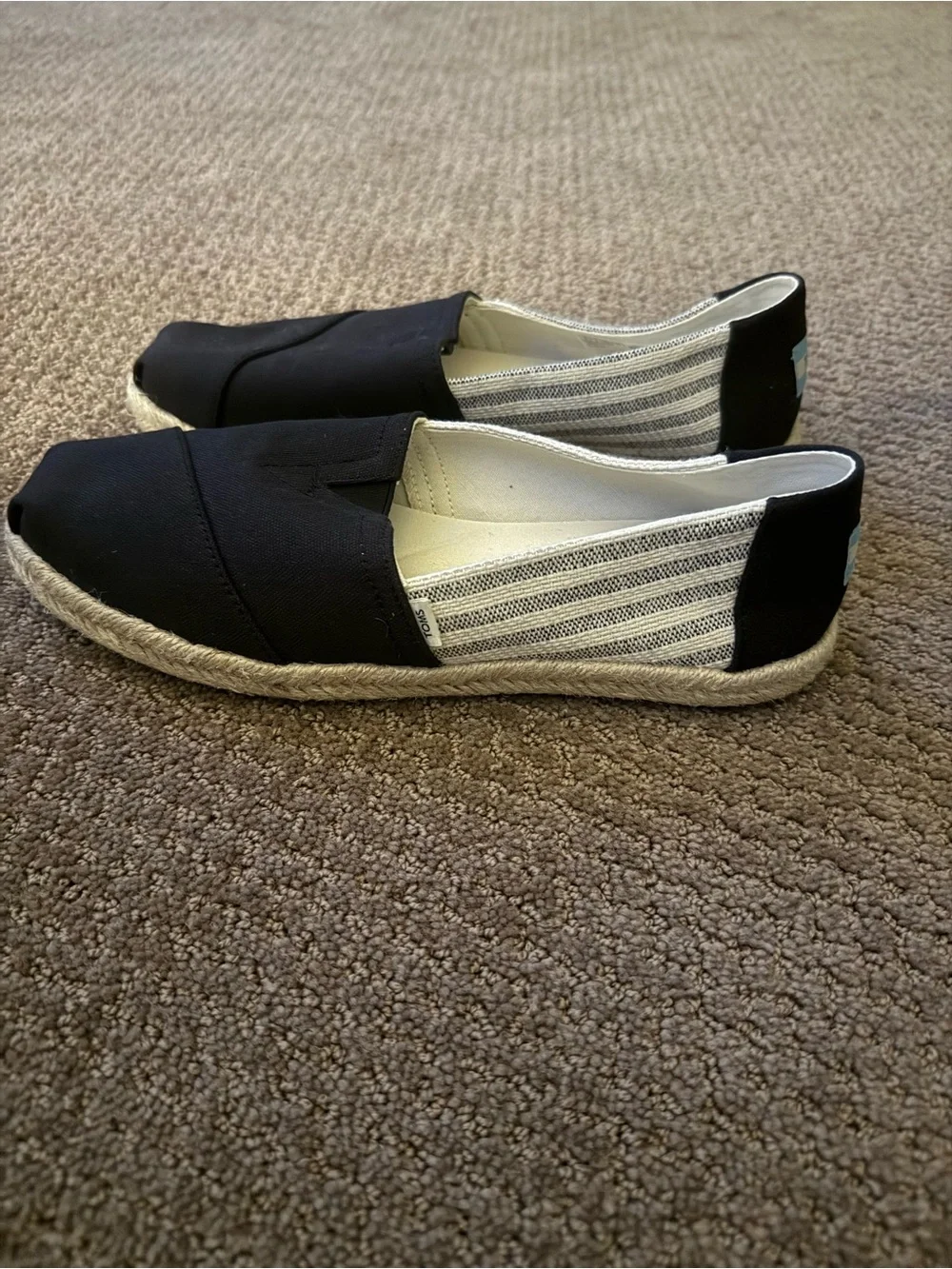 Toms Womens Black and White Striped Canvas Espadrille Slip-Ons